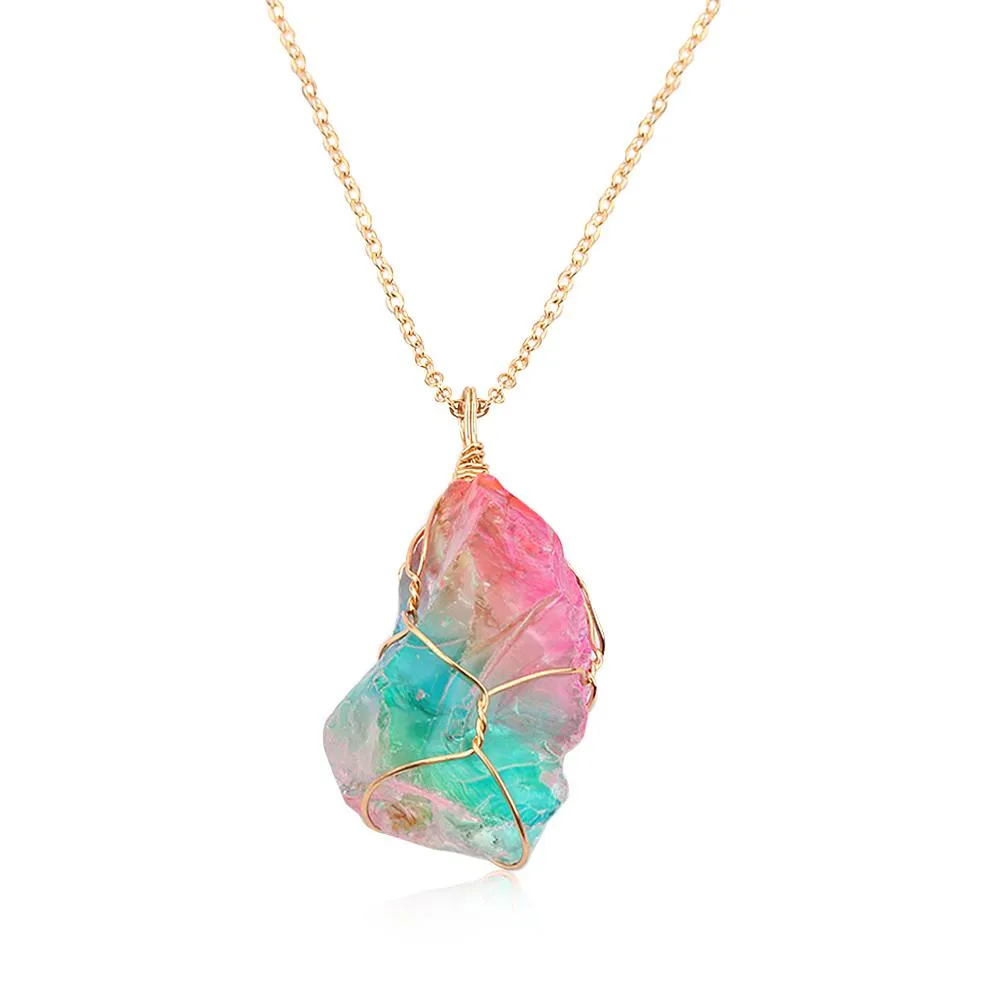 Rainbow Aura Quartz Raw Crystal Necklace