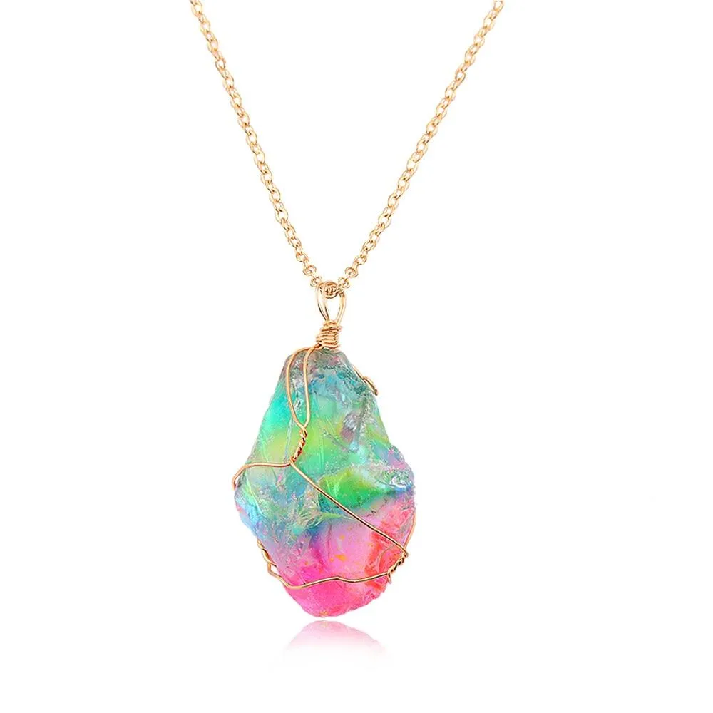 Rainbow Aura Quartz Raw Crystal Necklace