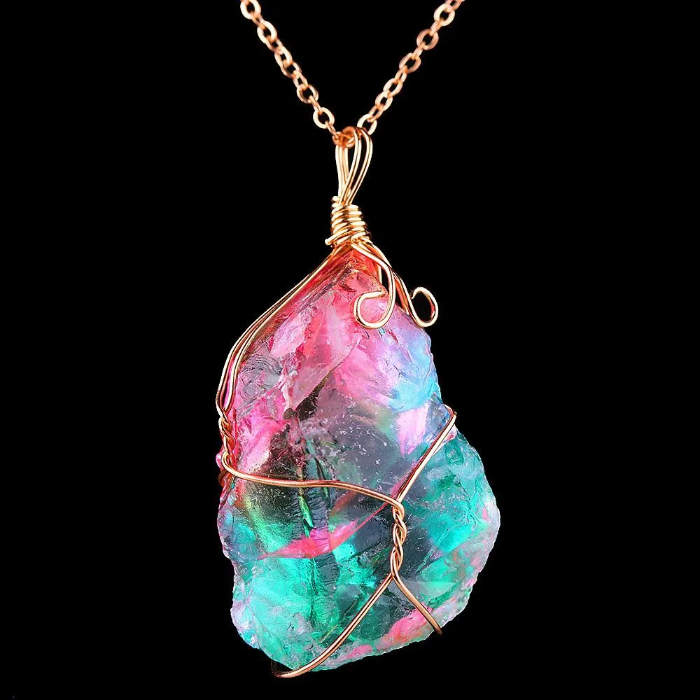 Rainbow Aura Quartz Raw Crystal Necklace