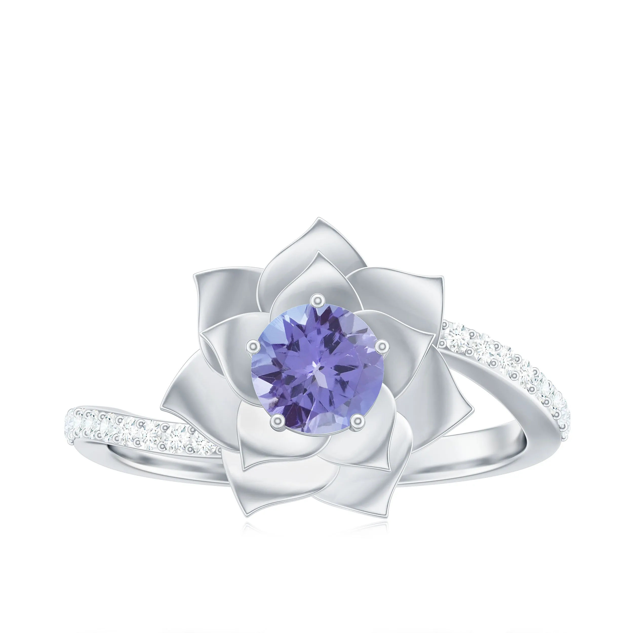 Real Tanzanite and Diamond Flower Ring in Bypass Shank