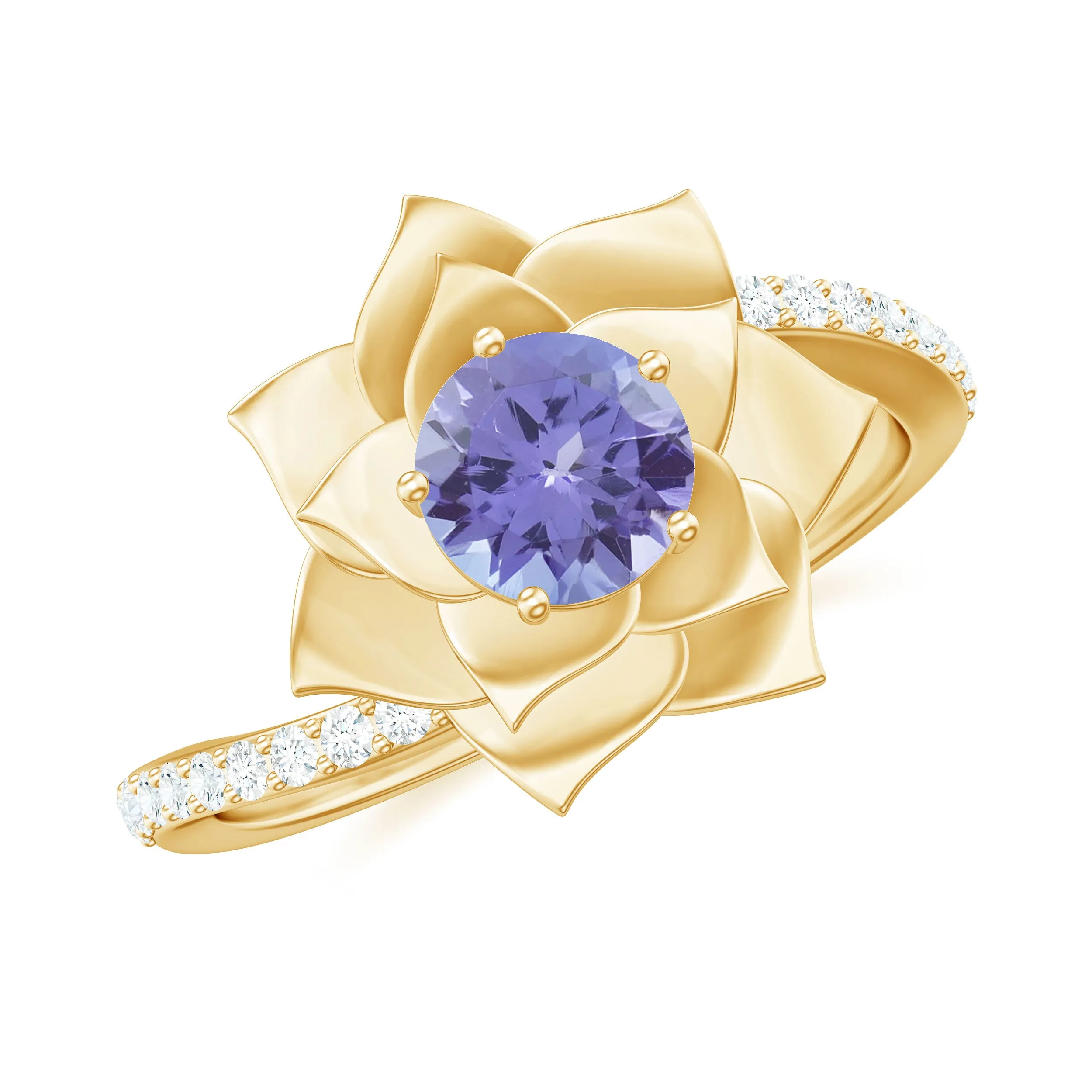 Real Tanzanite and Diamond Flower Ring in Bypass Shank