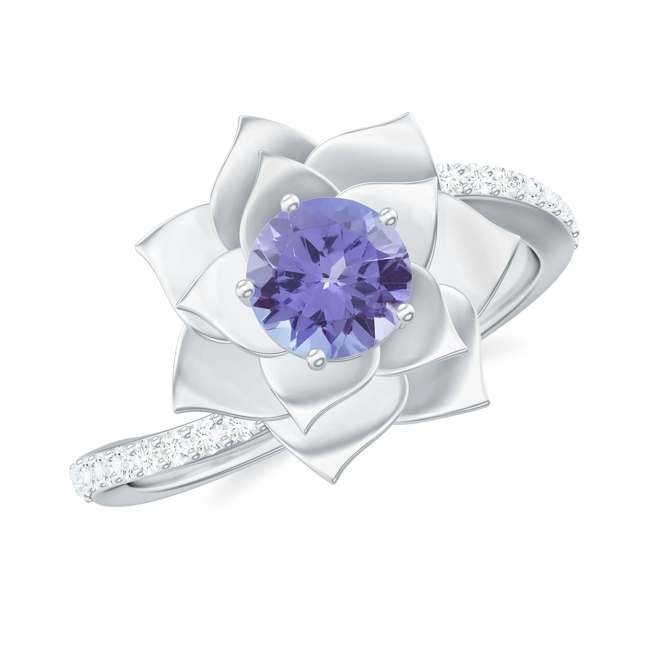 Real Tanzanite and Diamond Flower Ring in Bypass Shank