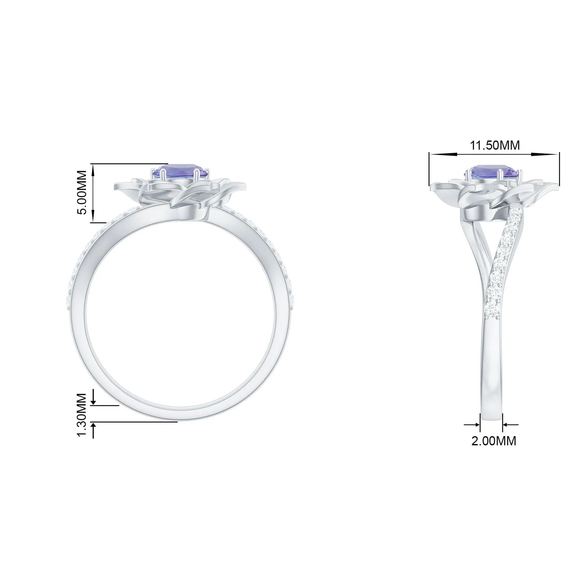 Real Tanzanite and Diamond Flower Ring in Bypass Shank