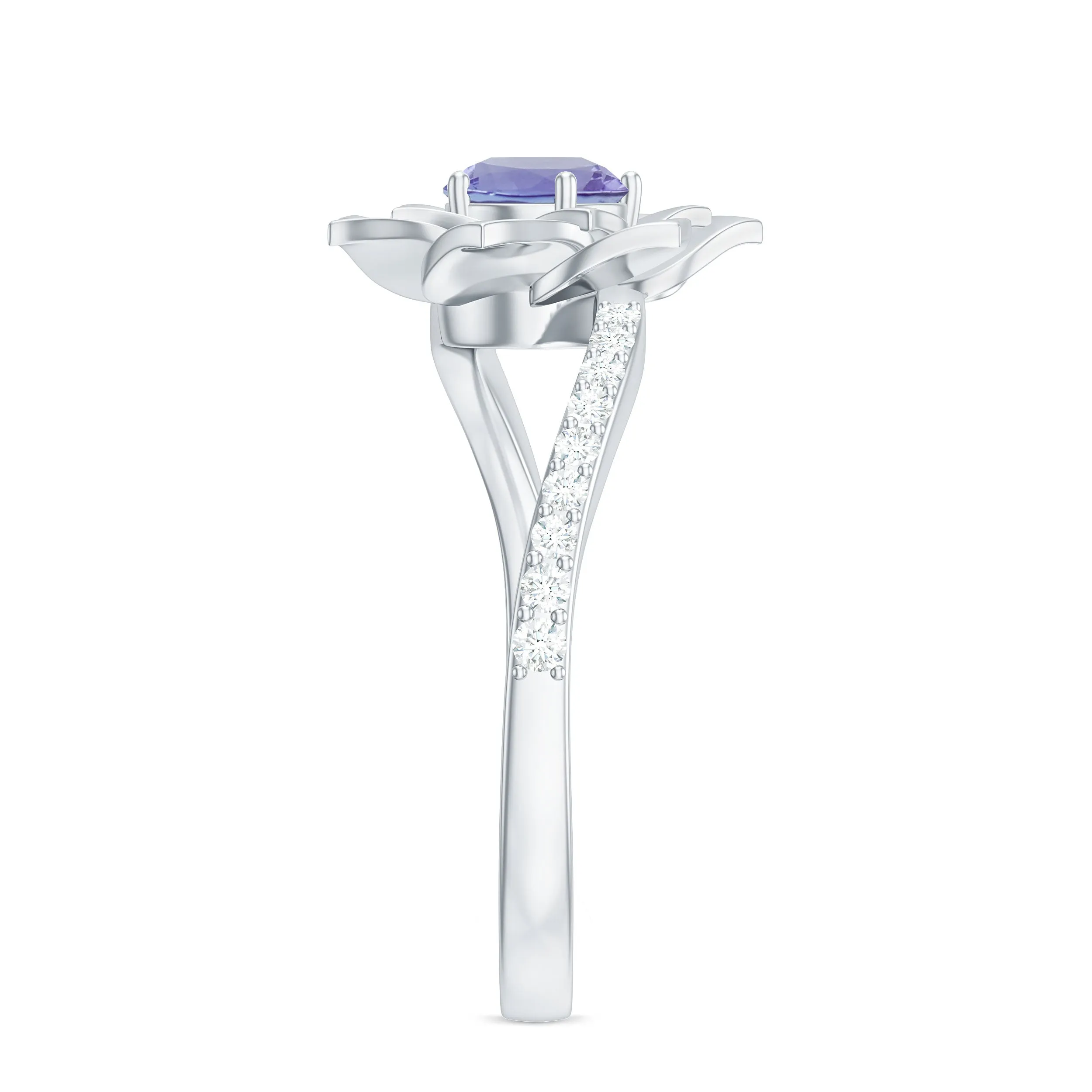 Real Tanzanite and Diamond Flower Ring in Bypass Shank