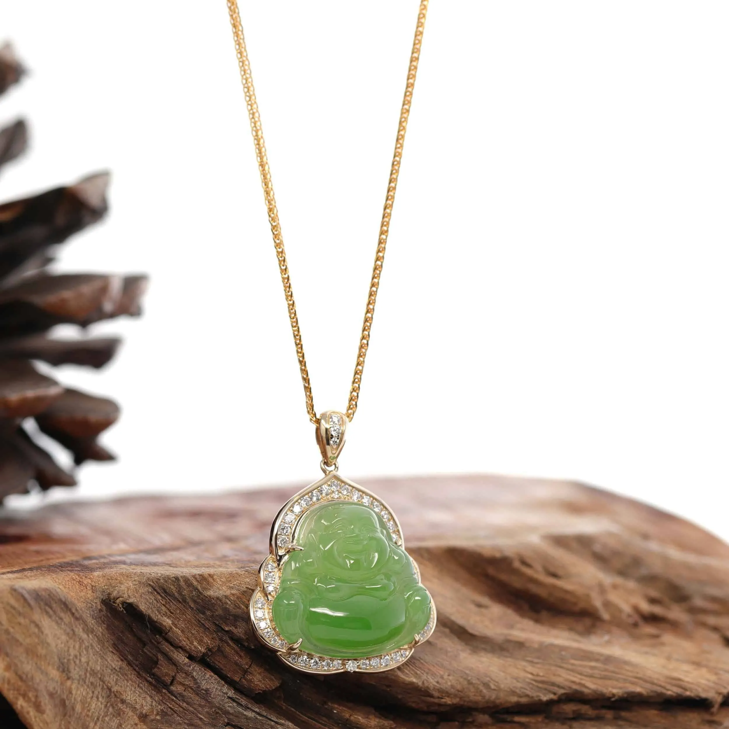 RealJade® "Laughing Buddha" 14k Gold Genuine Nephrite Apple Green Jade with VS1 Diamonds