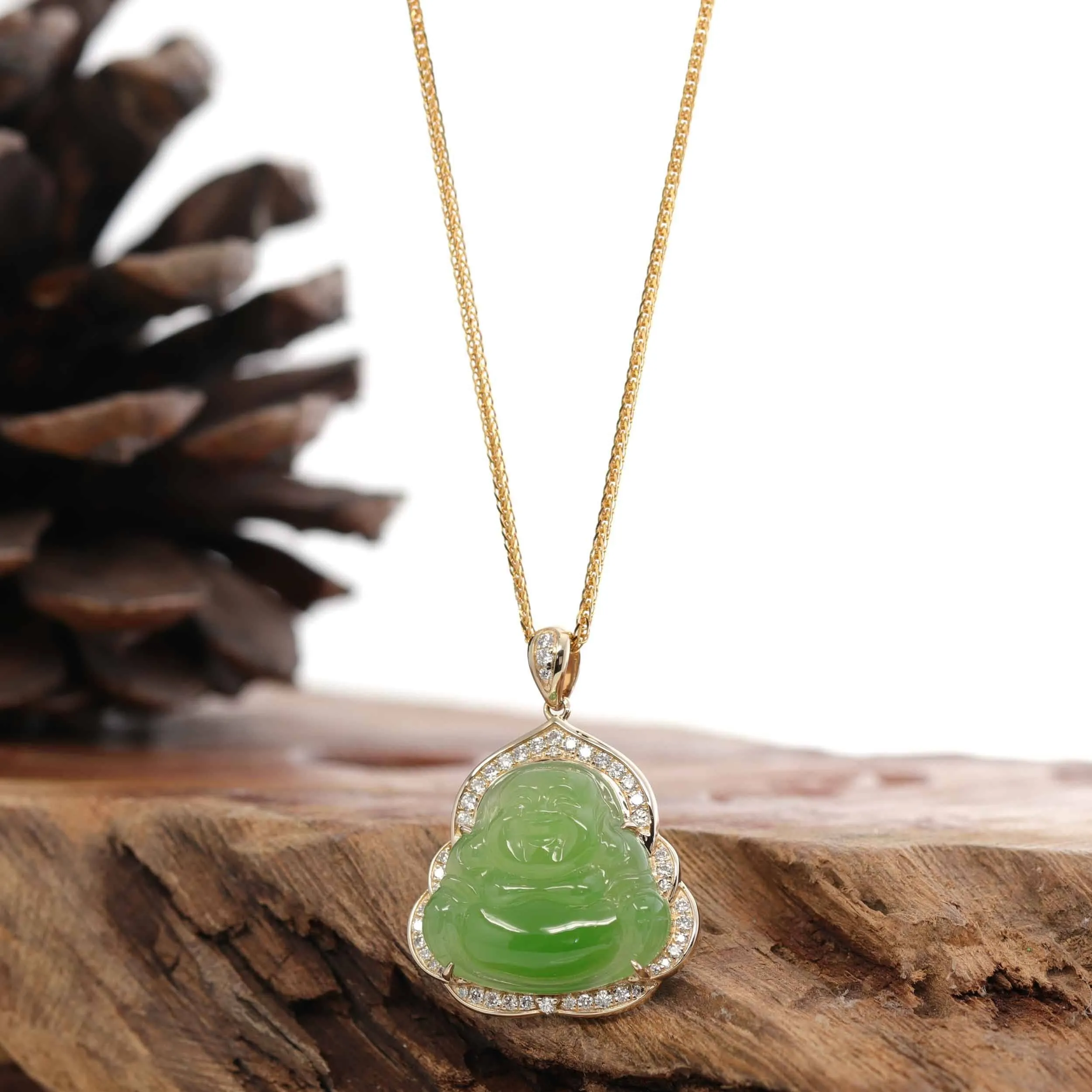 RealJade® "Laughing Buddha" 14k Gold Genuine Nephrite Apple Green Jade with VS1 Diamonds