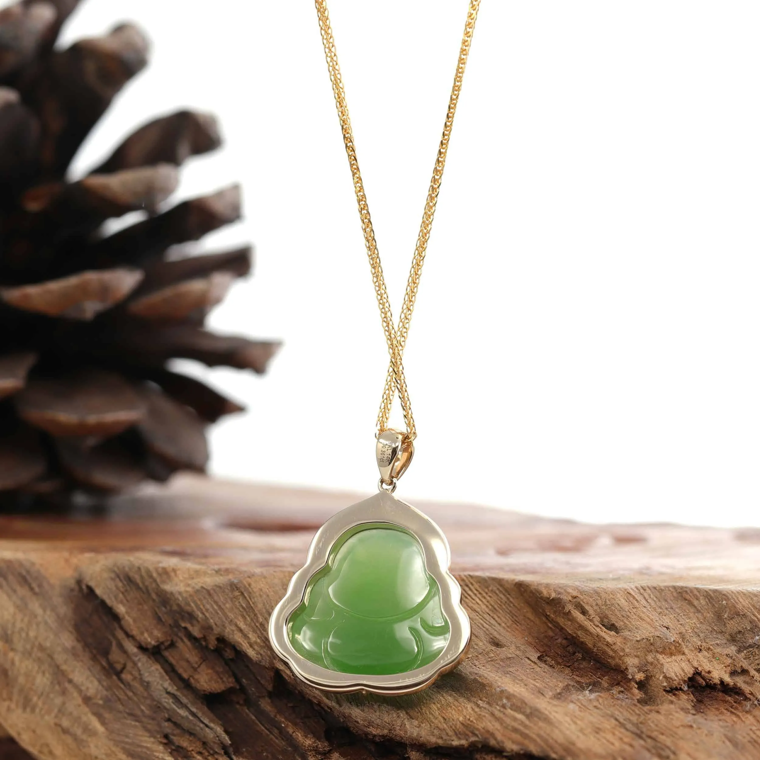 RealJade® "Laughing Buddha" 14k Gold Genuine Nephrite Apple Green Jade with VS1 Diamonds