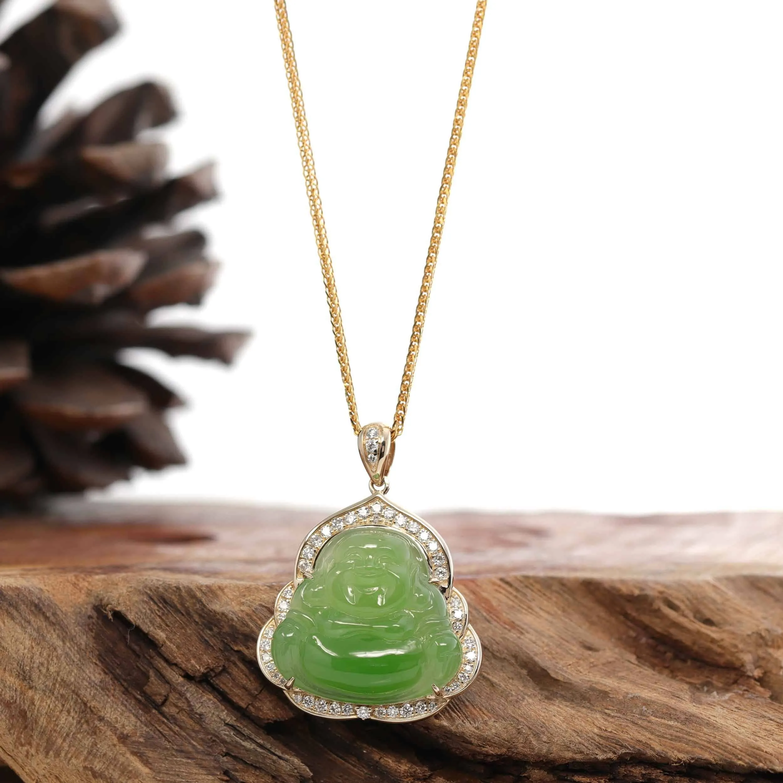 RealJade® "Laughing Buddha" 14k Gold Genuine Nephrite Apple Green Jade with VS1 Diamonds