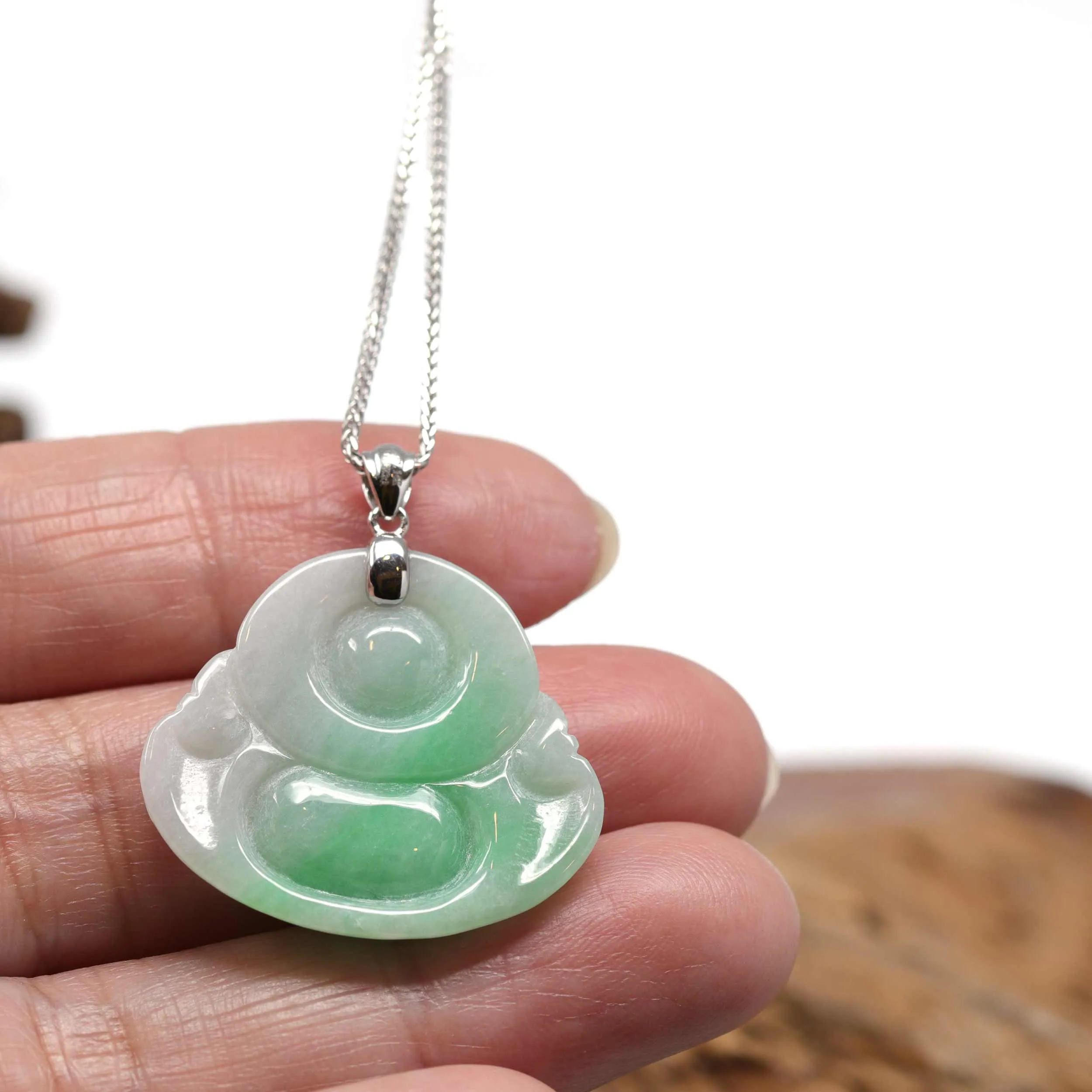 RealJade® "Laughing Buddha" Genuine Green Jadeite Buddha Pendant Necklace With 14k White Gold Diamond Bail