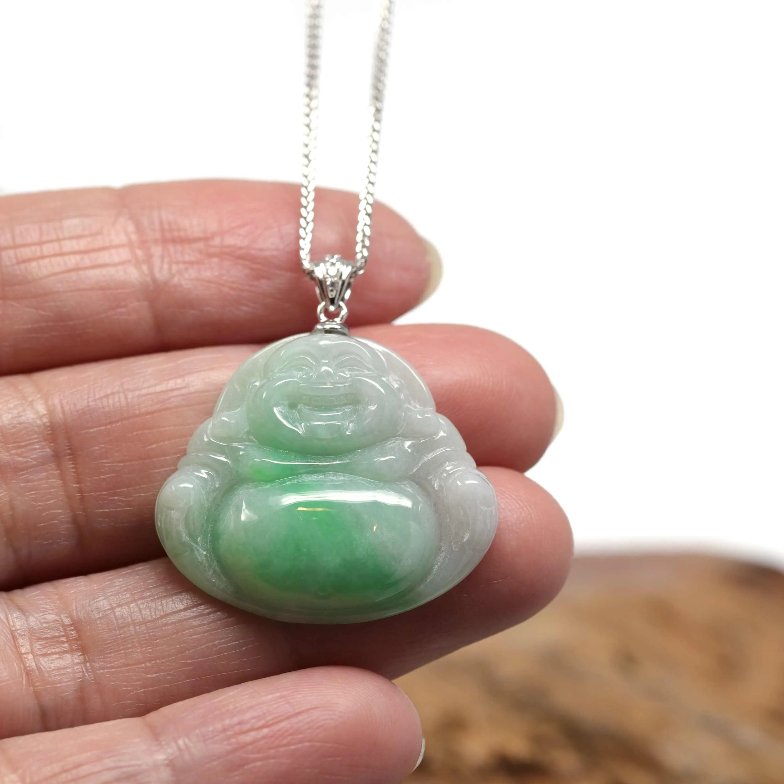 RealJade® "Laughing Buddha" Genuine Green Jadeite Buddha Pendant Necklace With 14k White Gold Diamond Bail