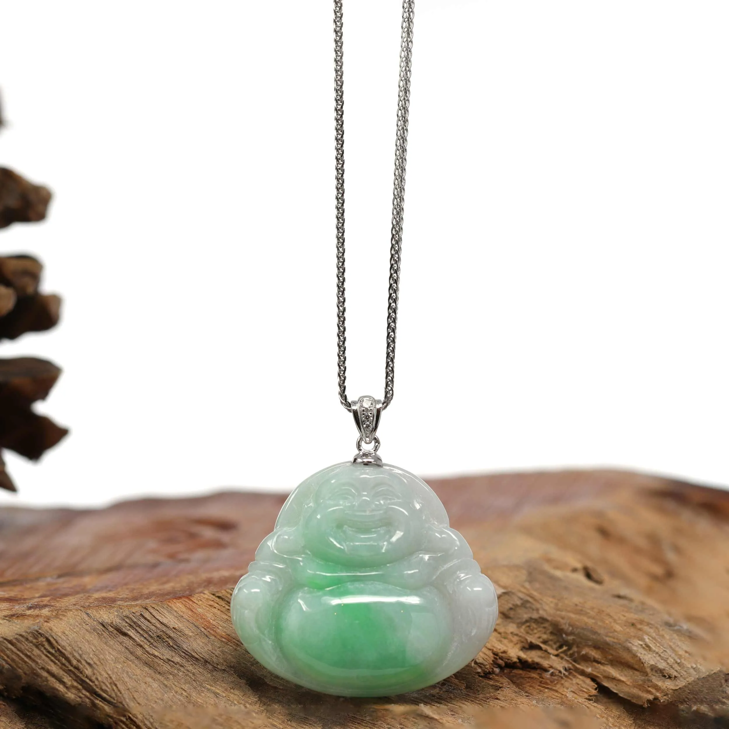 RealJade® "Laughing Buddha" Genuine Green Jadeite Buddha Pendant Necklace With 14k White Gold Diamond Bail