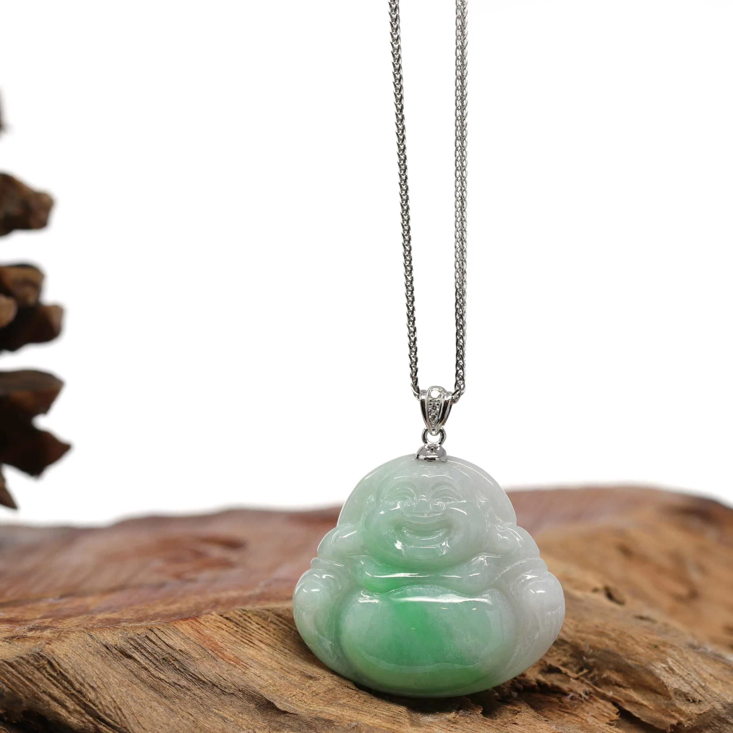 RealJade® "Laughing Buddha" Genuine Green Jadeite Buddha Pendant Necklace With 14k White Gold Diamond Bail