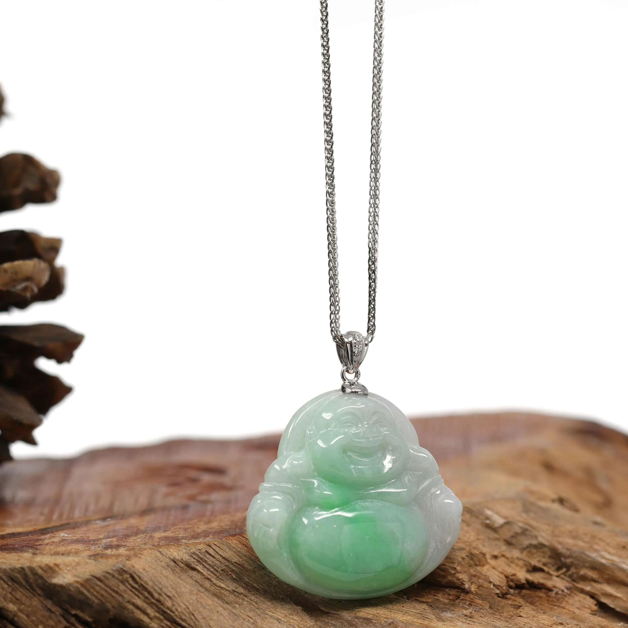 RealJade® "Laughing Buddha" Genuine Green Jadeite Buddha Pendant Necklace With 14k White Gold Diamond Bail