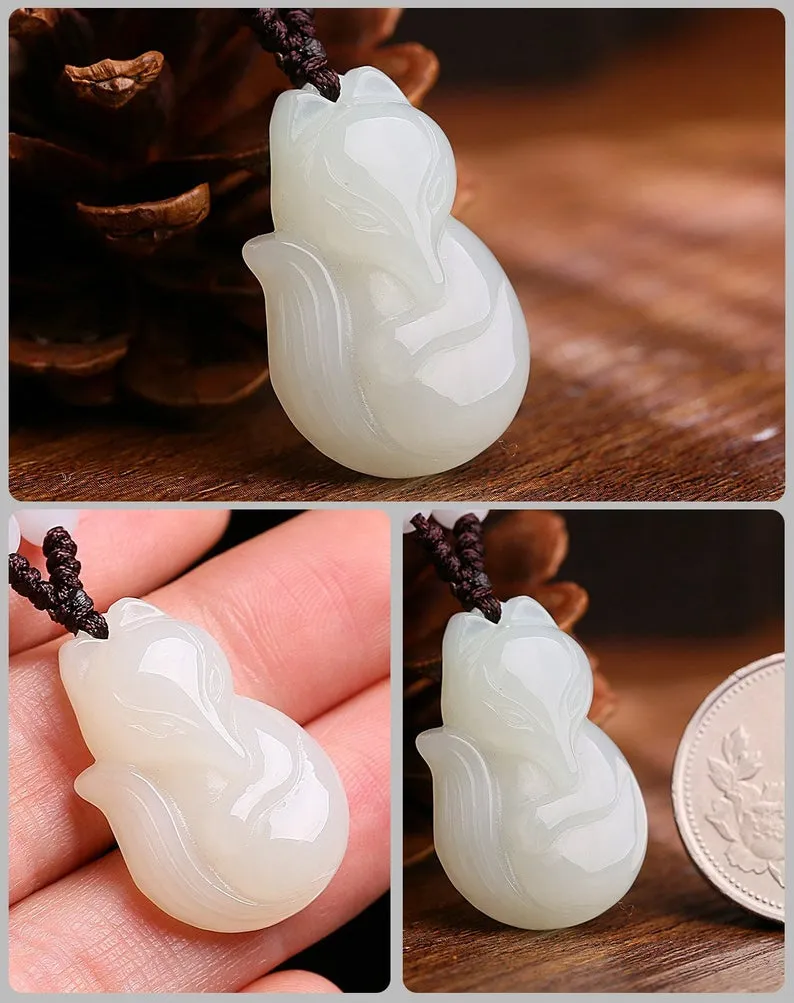 RealJade® "Lucky Fox" Genuine Nephrite White Jade Fox Pendant Necklace