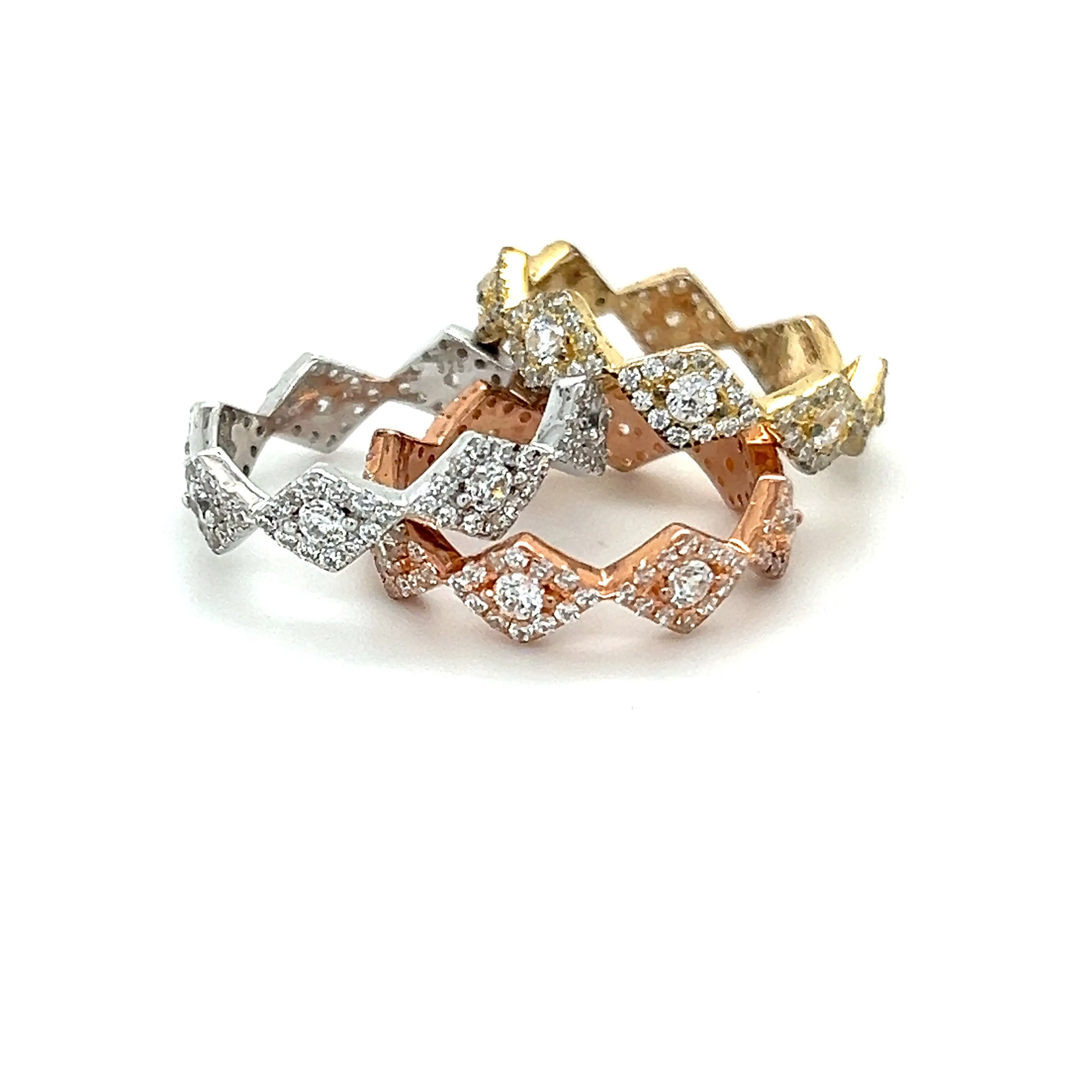 Rhombus Pave CZ's 3 Tone 3 Ring Set