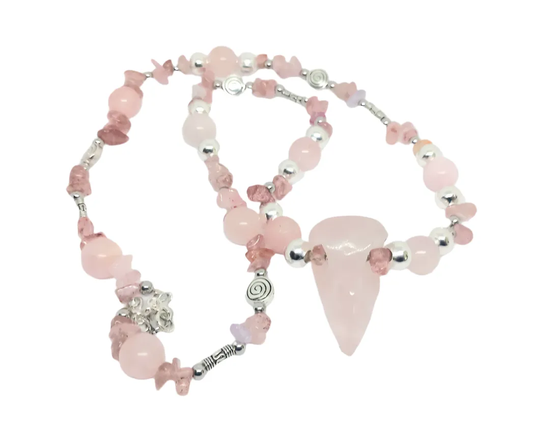 Rose Quartz Crystal Raven Skull Necklace