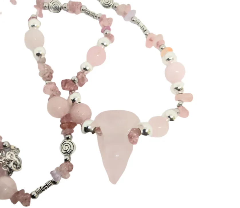 Rose Quartz Crystal Raven Skull Necklace