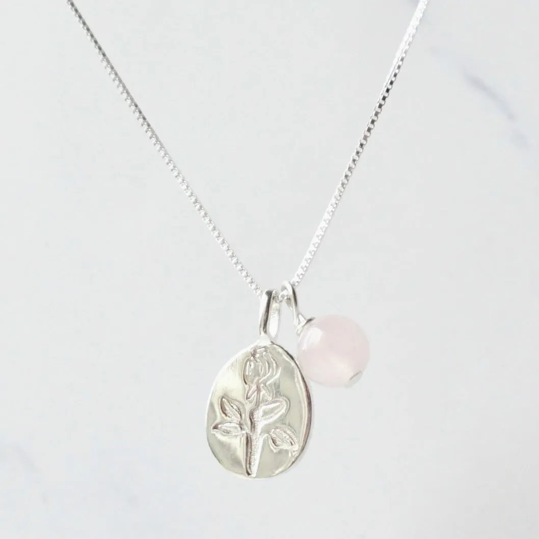 Rose Quartz Flower 925 Silver Pendant Necklace