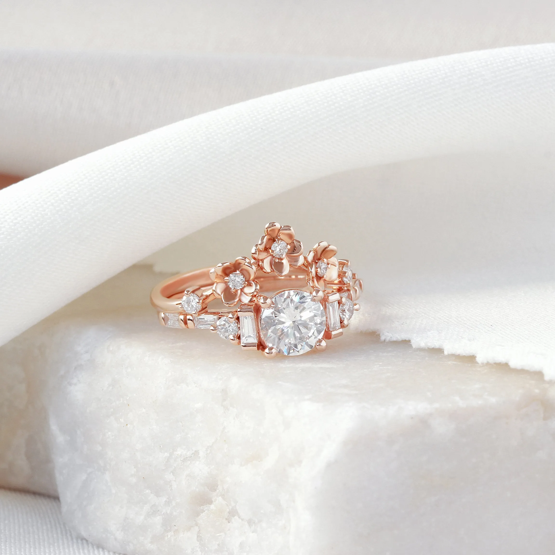 Round and Baguette Diamonds Cluster Art Deco Engagement Ring - Alana