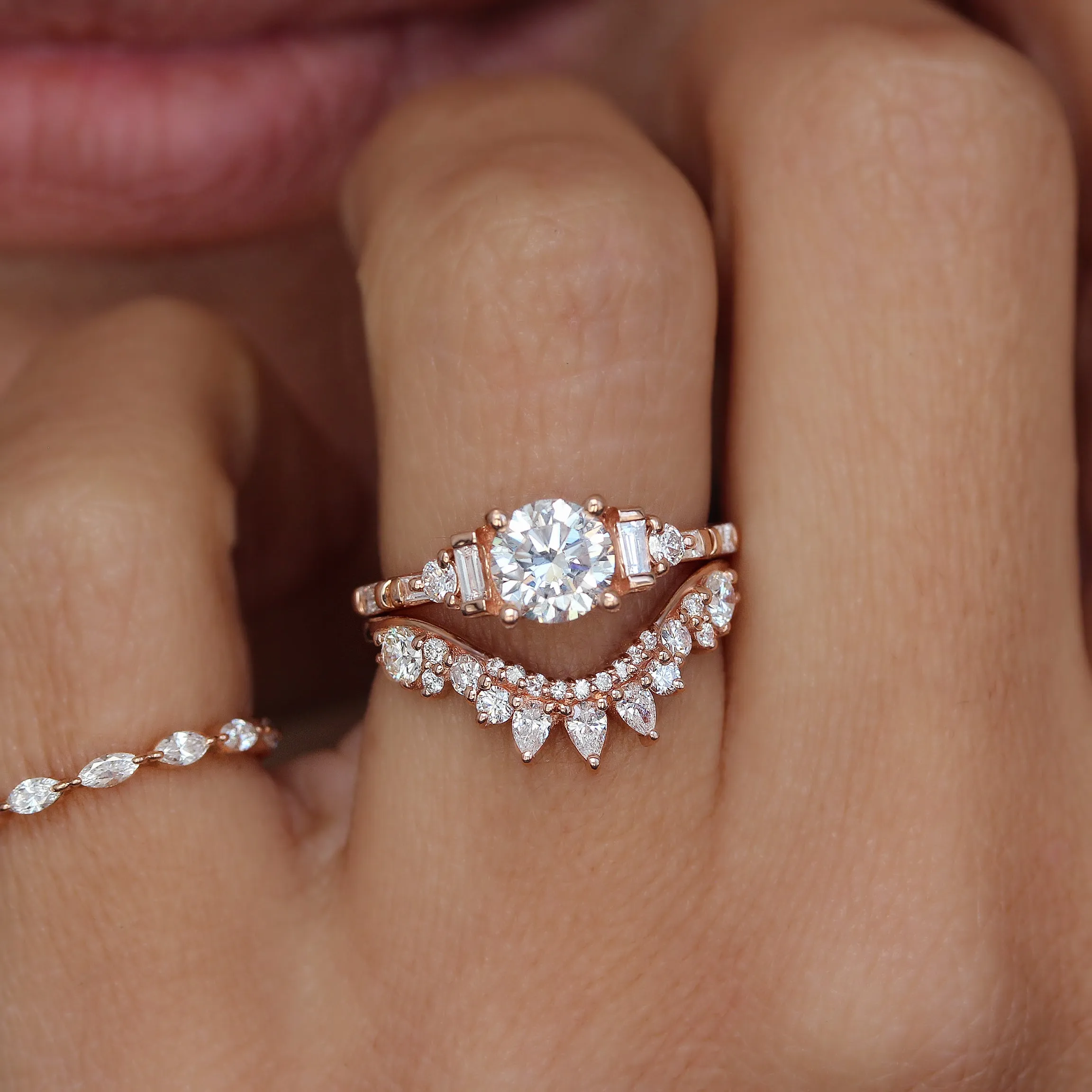 Round and Baguette Diamonds Cluster Art Deco Engagement Ring - Alana