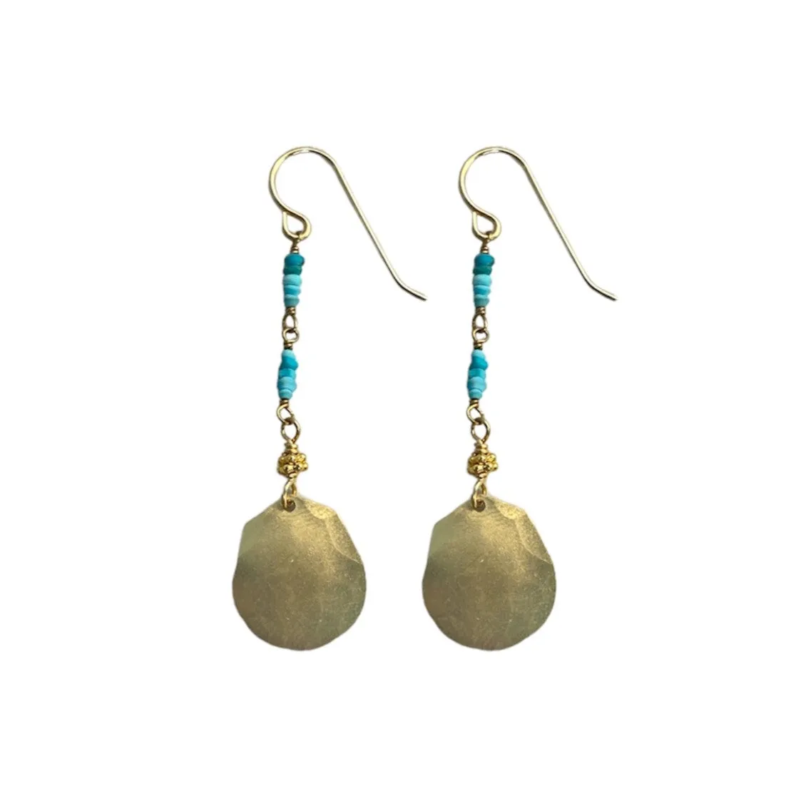 Round Hammered Disc & Turquoise Dangle Earrings