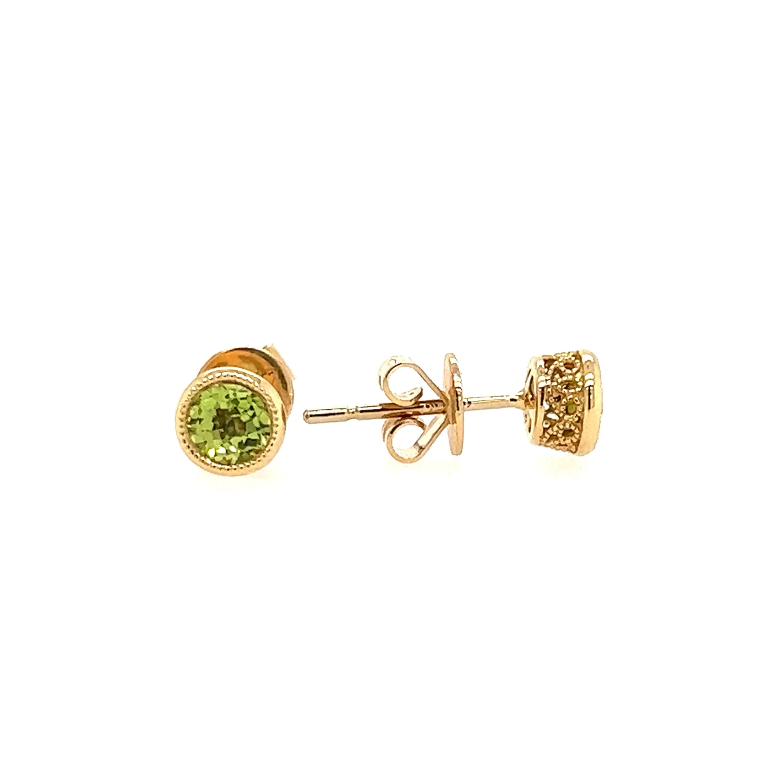 Round Peridot Stud Earrings with Filigree Basket in 14K Gold