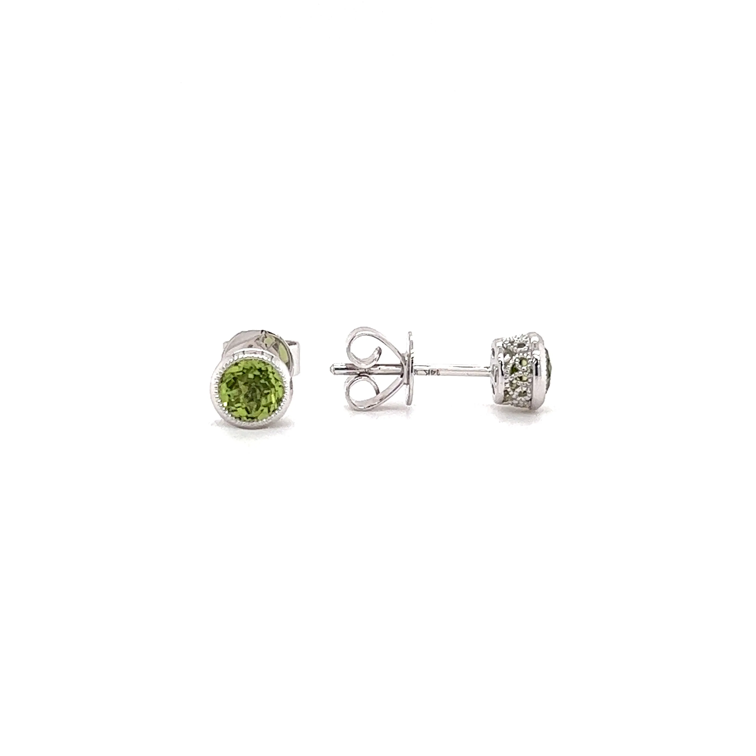 Round Peridot Stud Earrings with Filigree Basket in 14K Gold