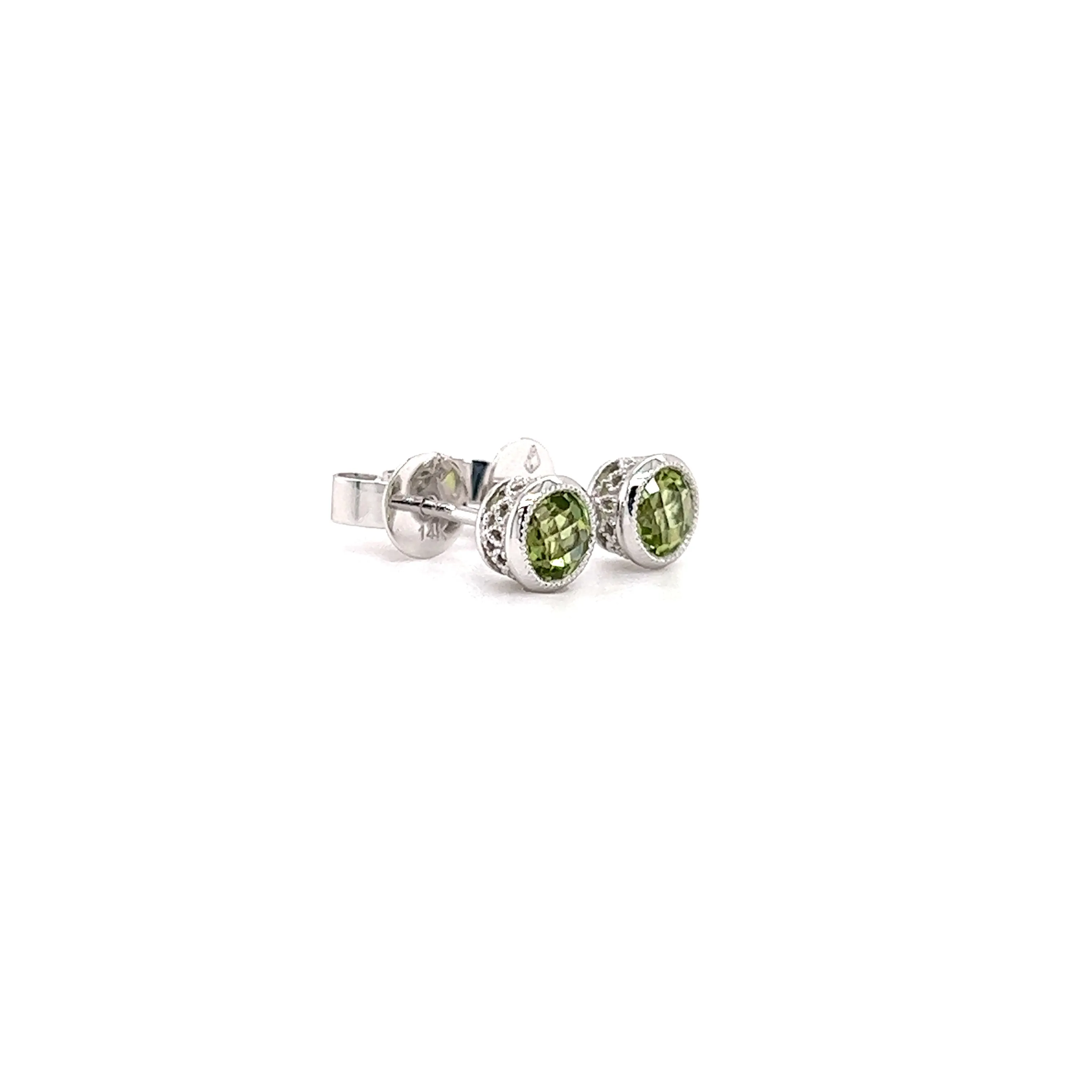 Round Peridot Stud Earrings with Filigree Basket in 14K Gold