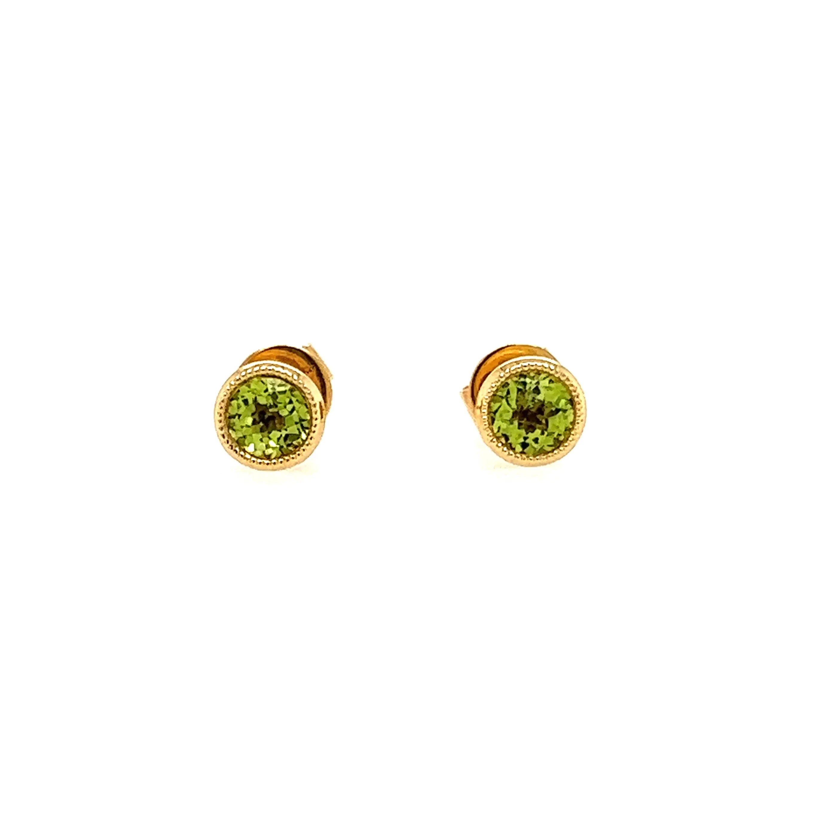 Round Peridot Stud Earrings with Filigree Basket in 14K Gold