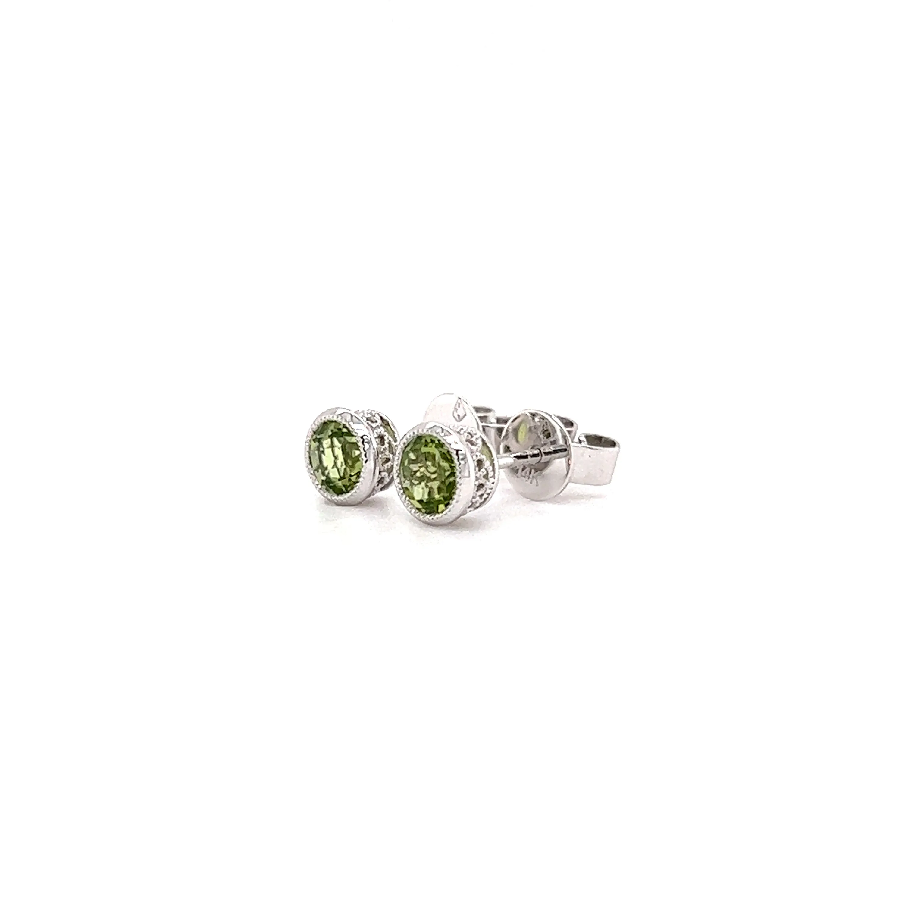 Round Peridot Stud Earrings with Filigree Basket in 14K Gold