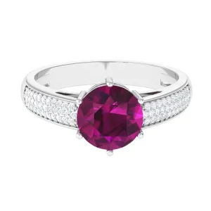 Round Rhodolite Solitaire Ring with Diamond Side Stones