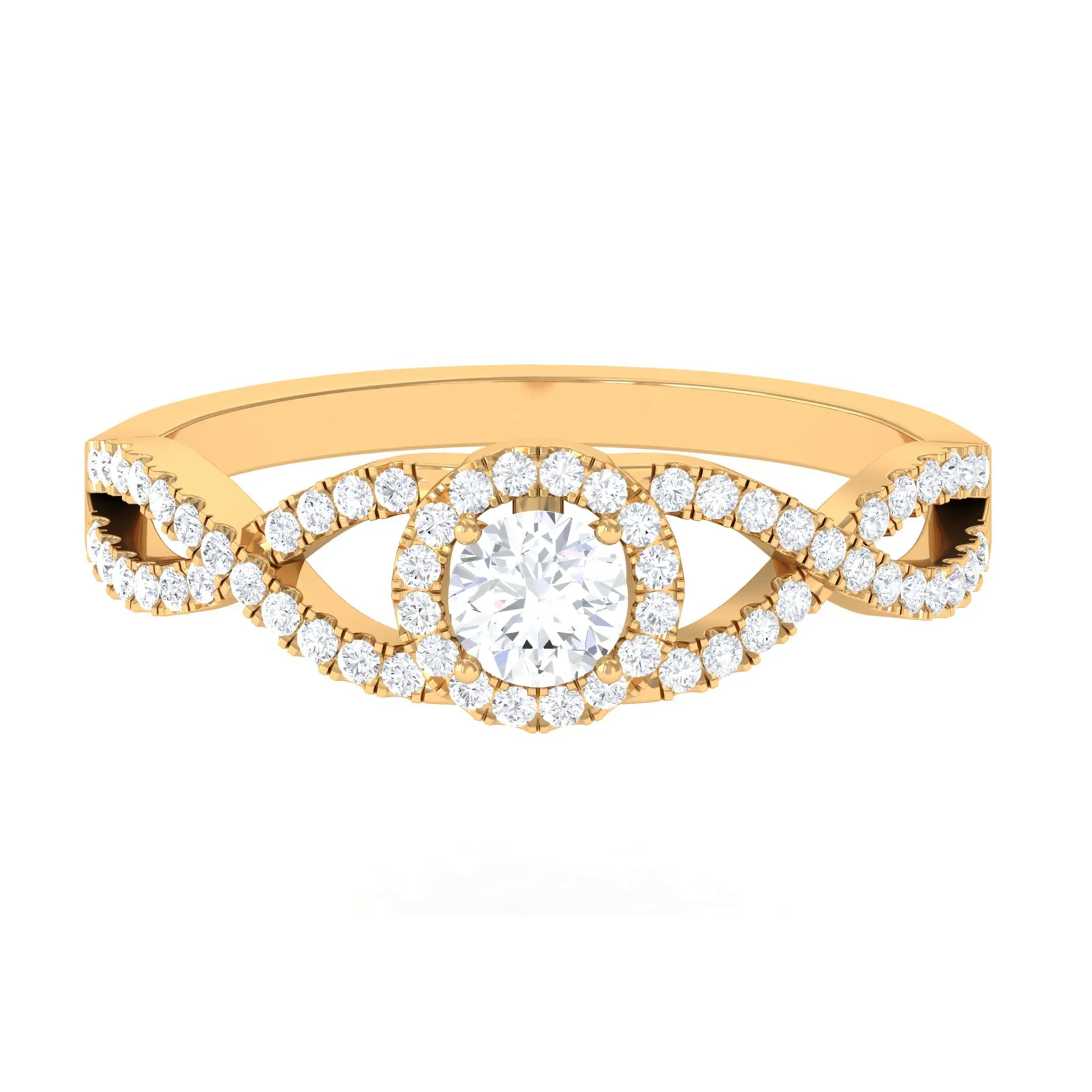 Round Shape Moissanite Crossover Engagement Ring in Gold