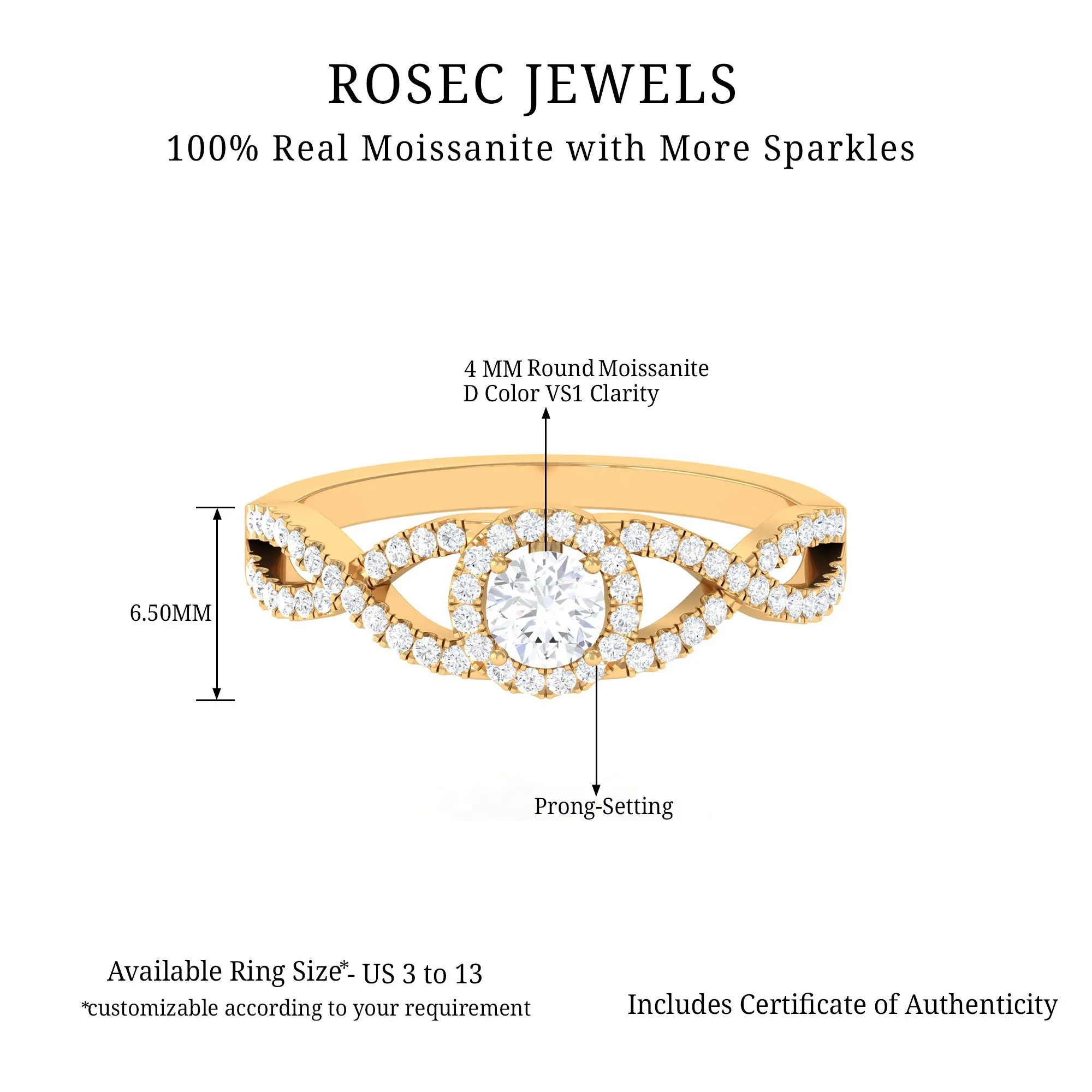 Round Shape Moissanite Crossover Engagement Ring in Gold