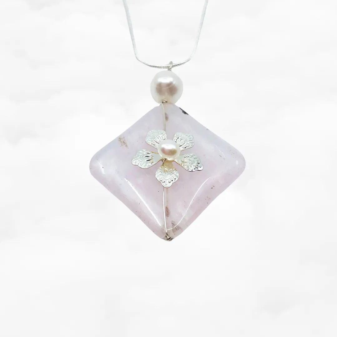 Silver Flower Rose Quartz Necklace