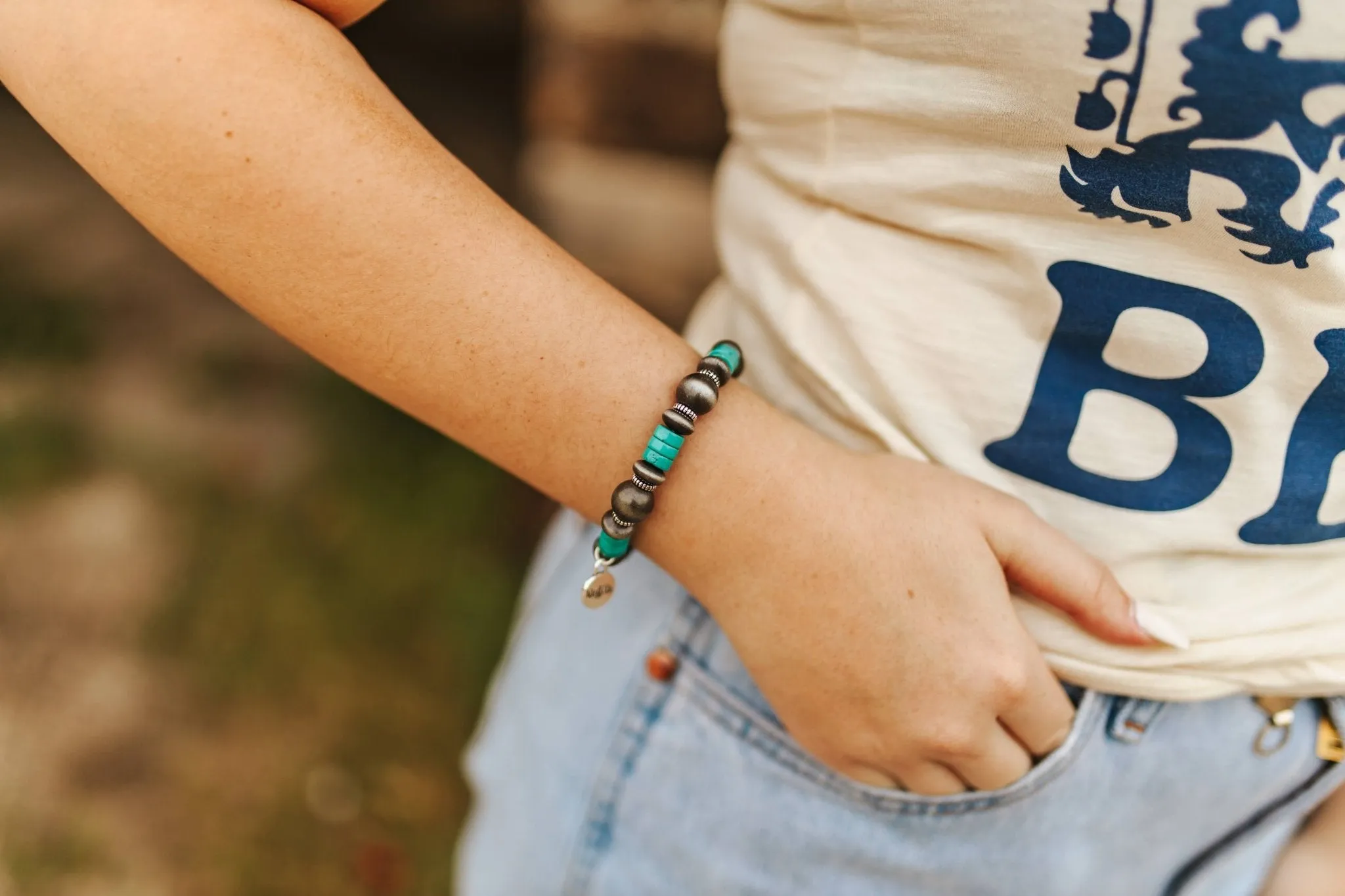 Silver Pearl and Turquoise Rondelle Stretch Bracelet