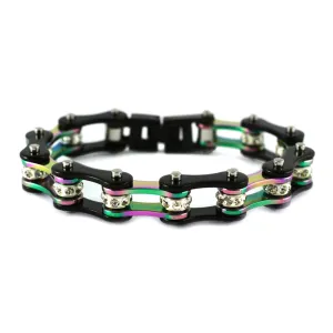 SK1208  1/2" Wide Original SIZE Black Rainbow Ladies Crystal Bike Chain Bracelet Stainless Steel Motorcycle Jewelry