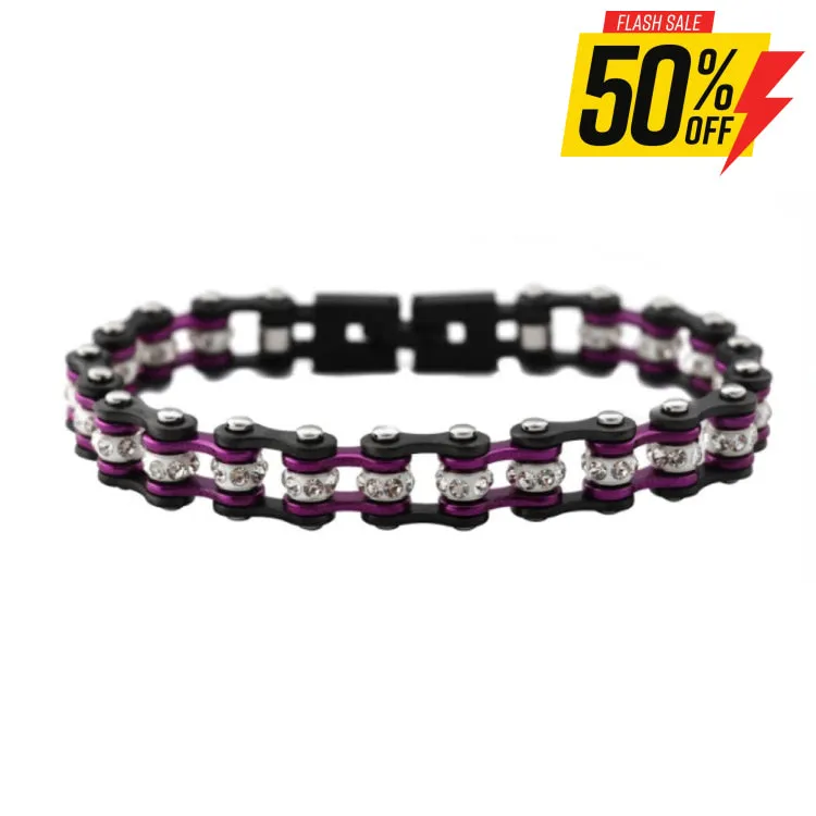 SK2025 3/8" Wide MINI MINI SIZE Gunmetal/Candy Purple With White Crystal Centers Stainless Steel Motorcycle Bike Chain Bracelet