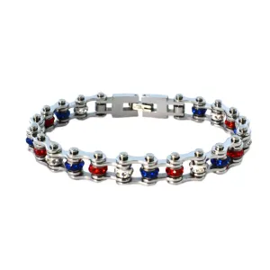 SK2342 3/8" Wide MINI MINI SIZE All Stainless With Red White Blue Crystal Centers Stainless Steel Motorcycle Bike Chain Bracelet