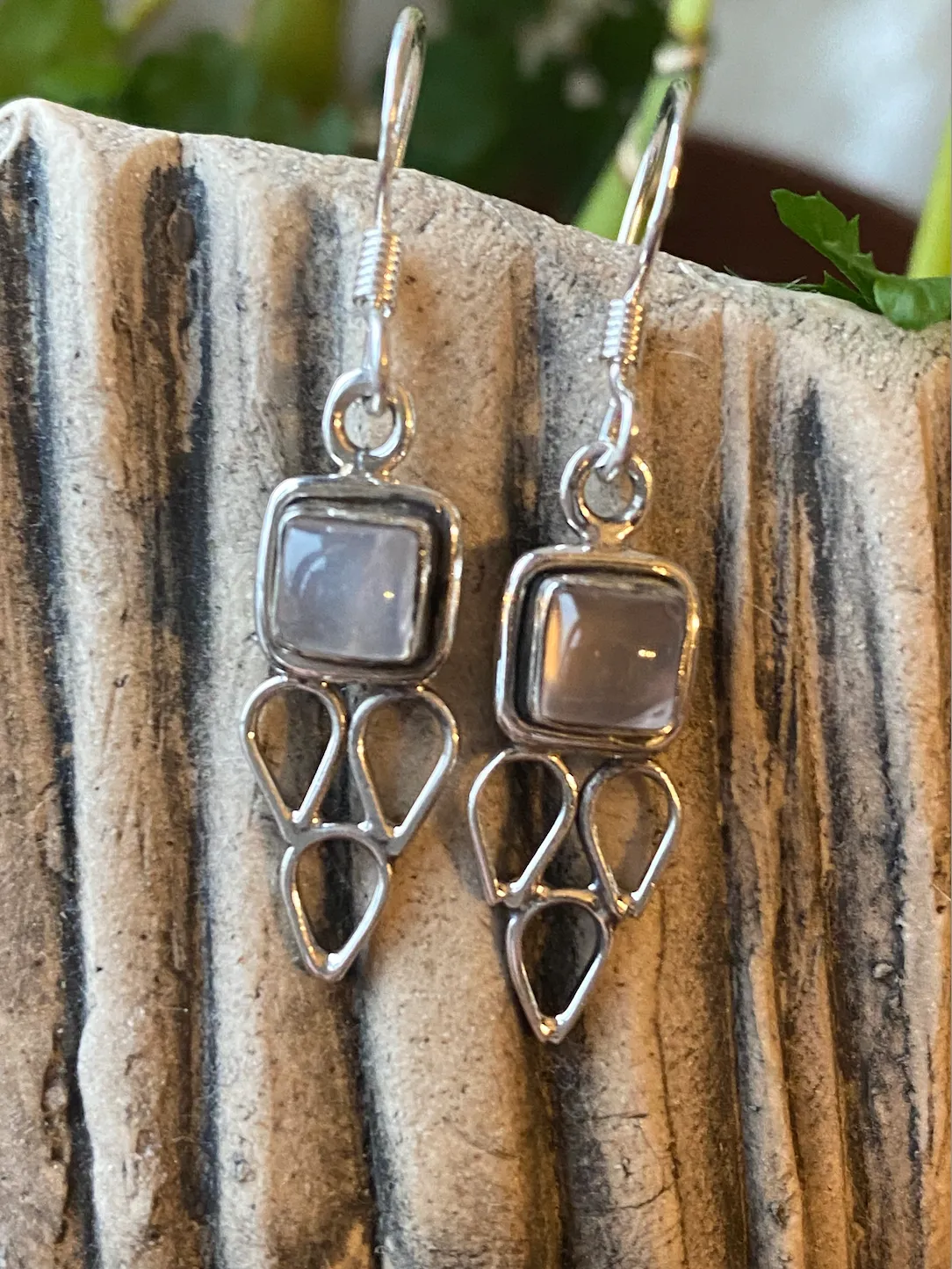 Solid Silver Rose quartz Drop Earrings with Triple Triangle Detail