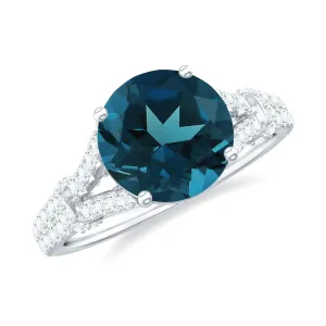 Solitaire London Blue Topaz and Diamond Ring with Cathedral Shank