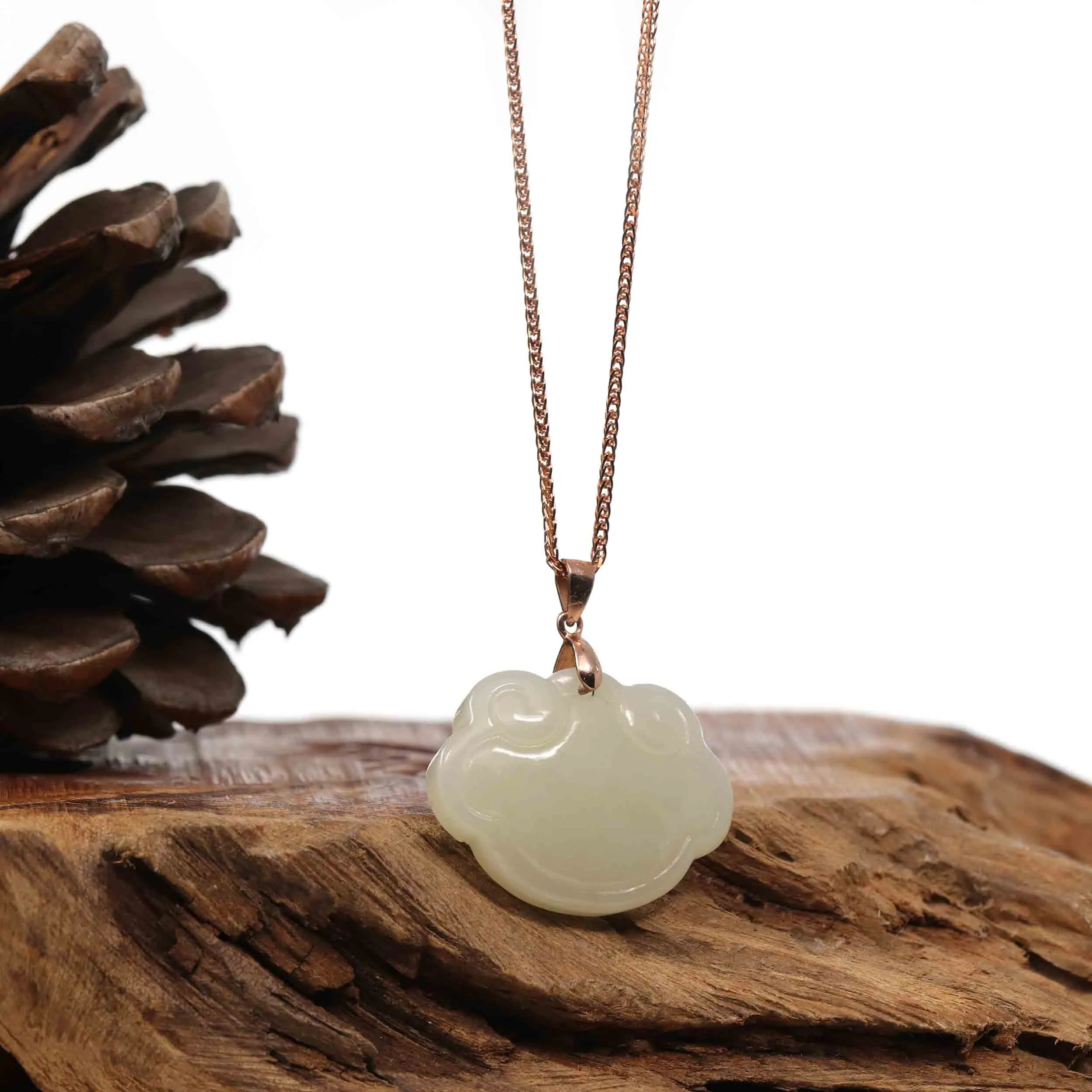 Sterling Silver Genuine White Jade RuYi Pendant Necklace  with 18k Rose Gold Plated