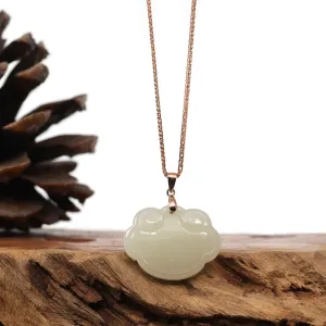 Sterling Silver Genuine White Jade RuYi Pendant Necklace  with 18k Rose Gold Plated