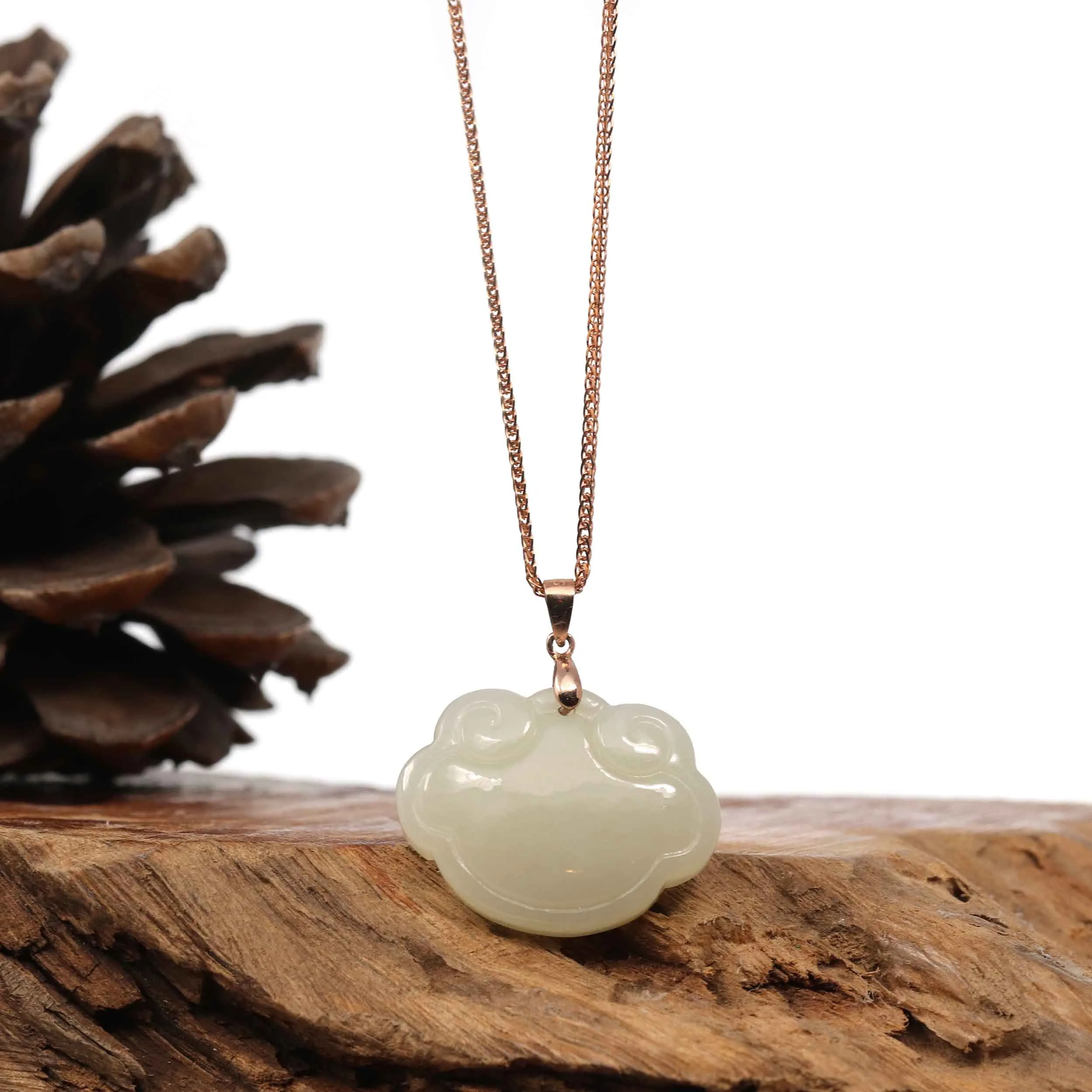 Sterling Silver Genuine White Jade RuYi Pendant Necklace  with 18k Rose Gold Plated