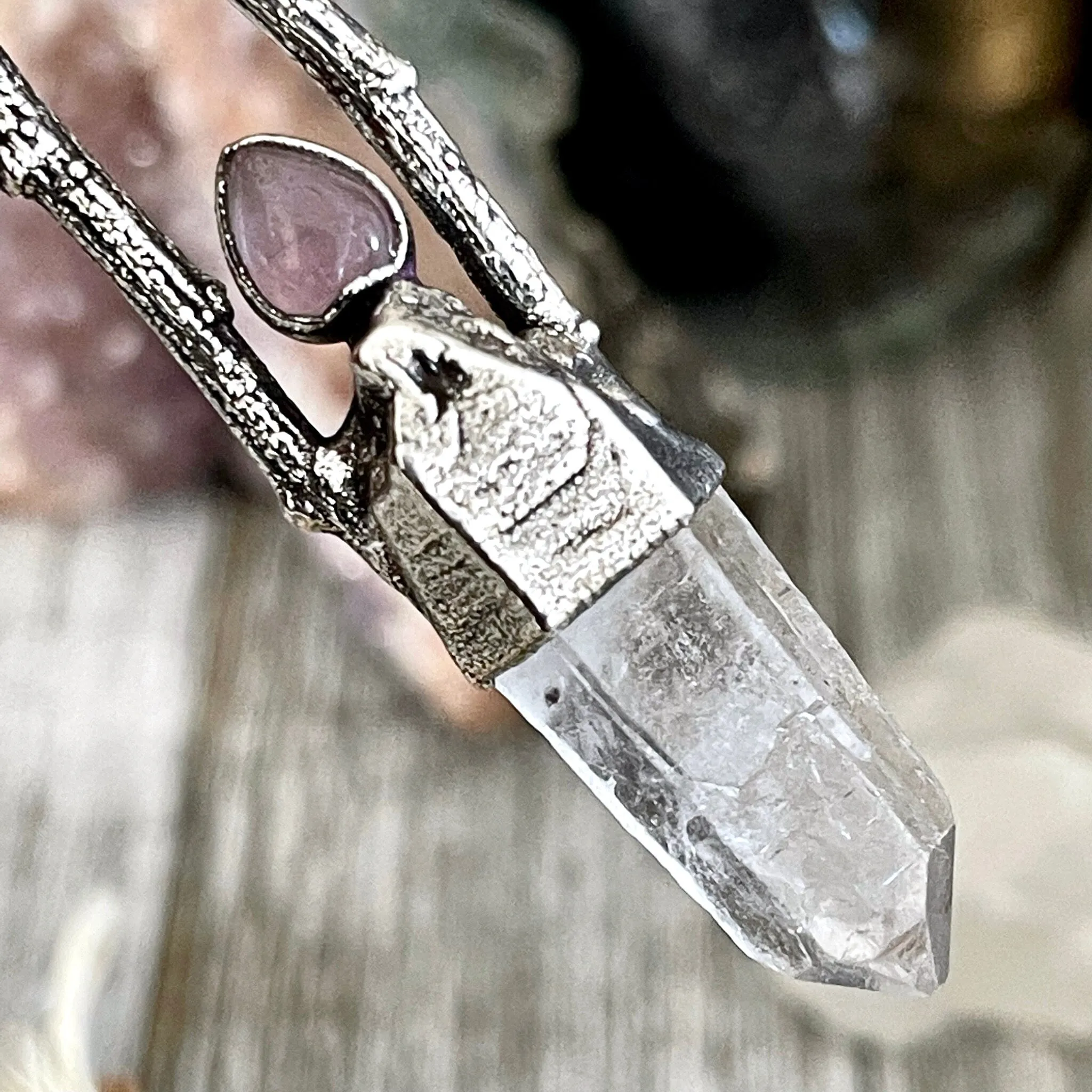 Sticks & Stones Collection- Raw Clear Quartz and Rose Quartz Necklace in Fine Silver /