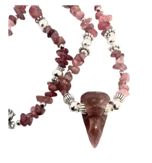 Strawberry Quartz Crystal Raven Skull Necklace