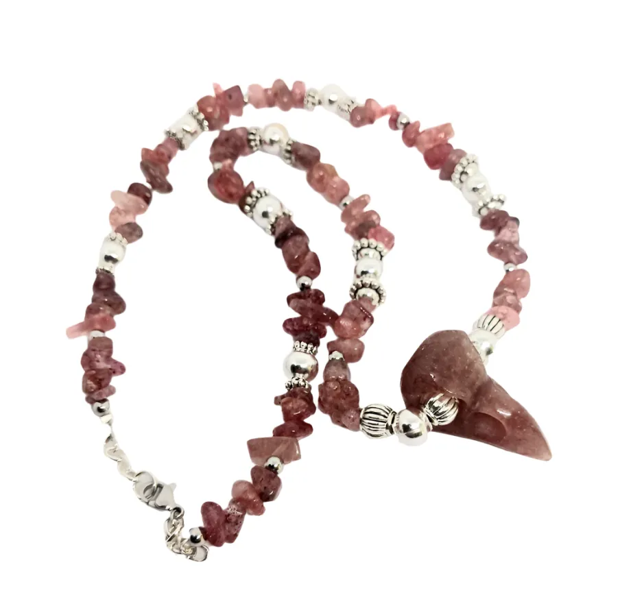 Strawberry Quartz Crystal Raven Skull Necklace