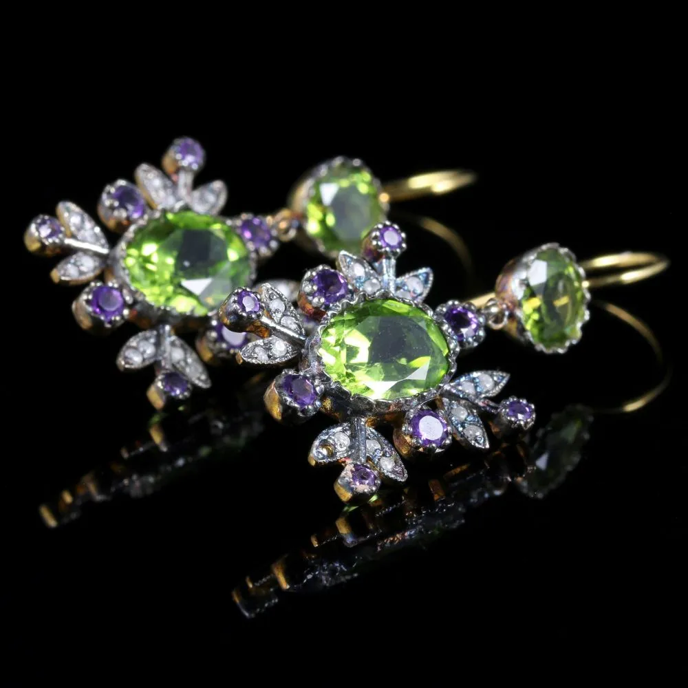 Suffragette Diamond Amethyst Peridot Earrings 18Ct And Silver