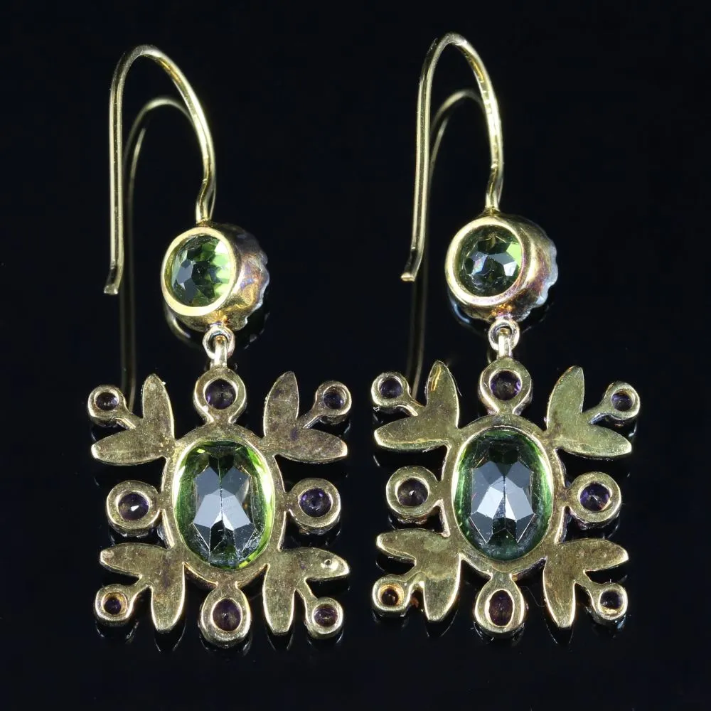 Suffragette Diamond Amethyst Peridot Earrings 18Ct And Silver