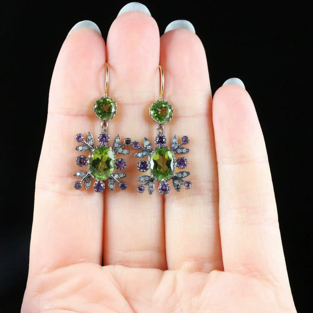 Suffragette Diamond Amethyst Peridot Earrings 18Ct And Silver