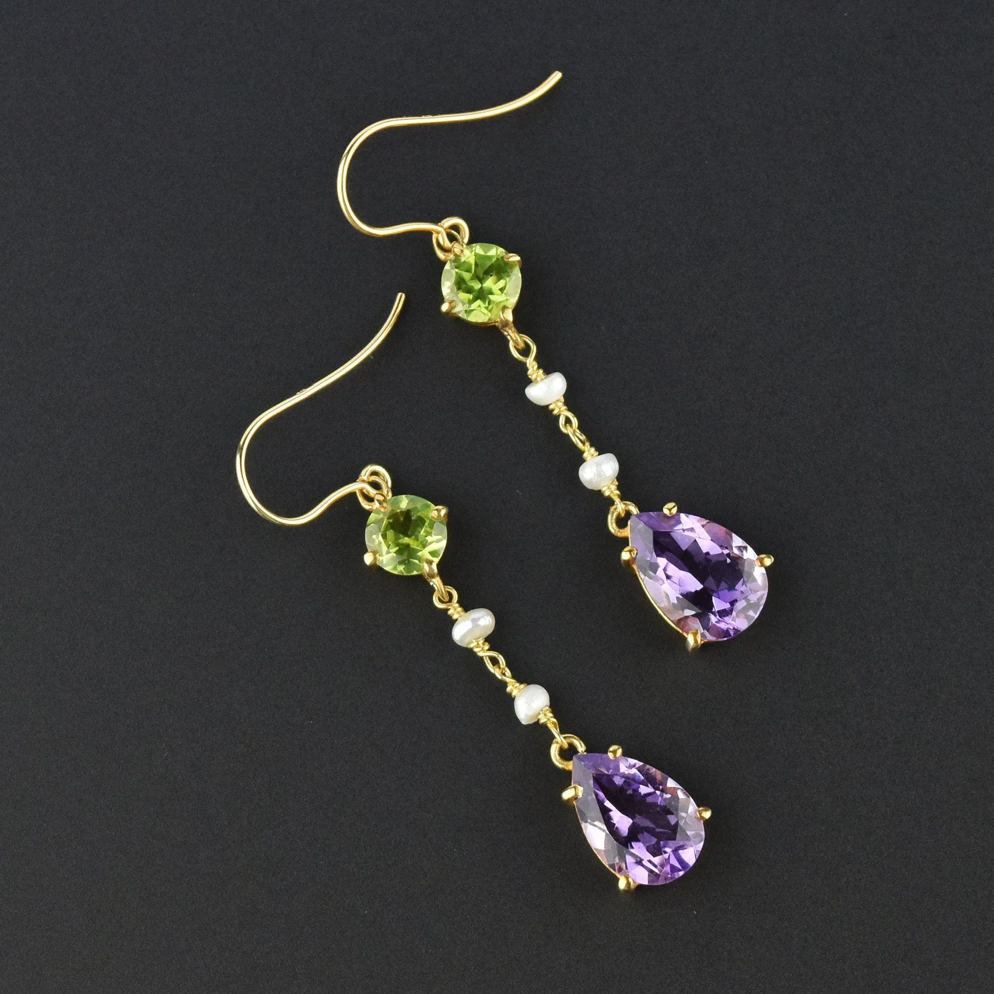 Suffragette Peridot Amethyst Pearl Gold Dangle Earrings